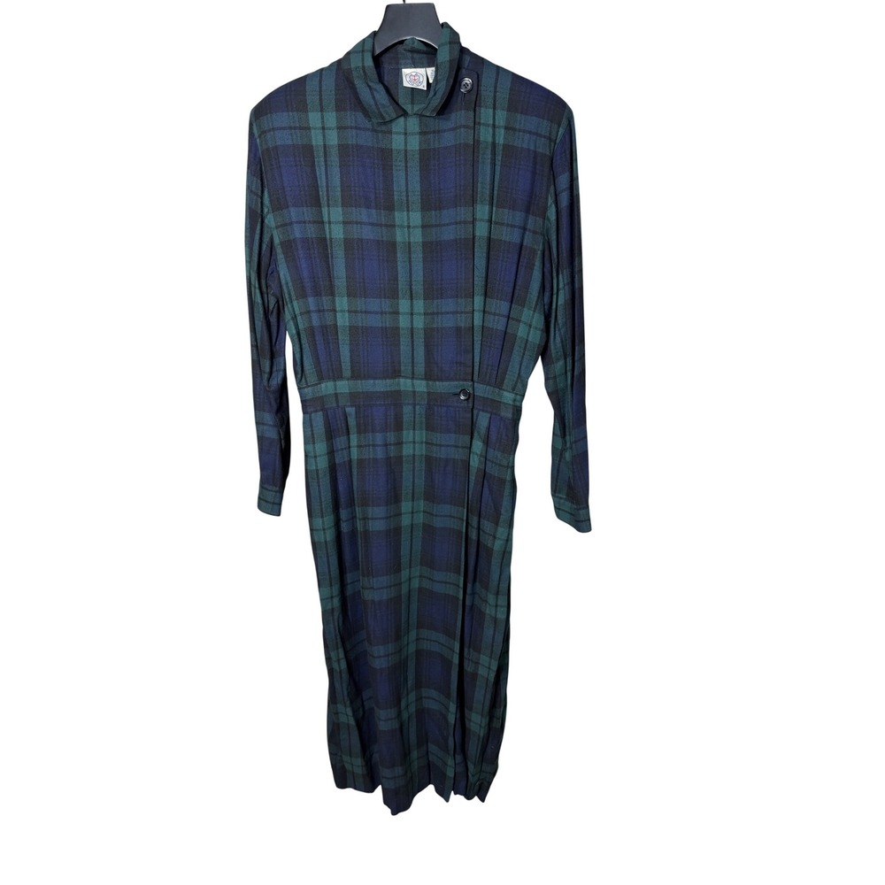 Vintage JG Hook‎ Plaid Rayon Maxi Dress Green Navy Blue Size 16